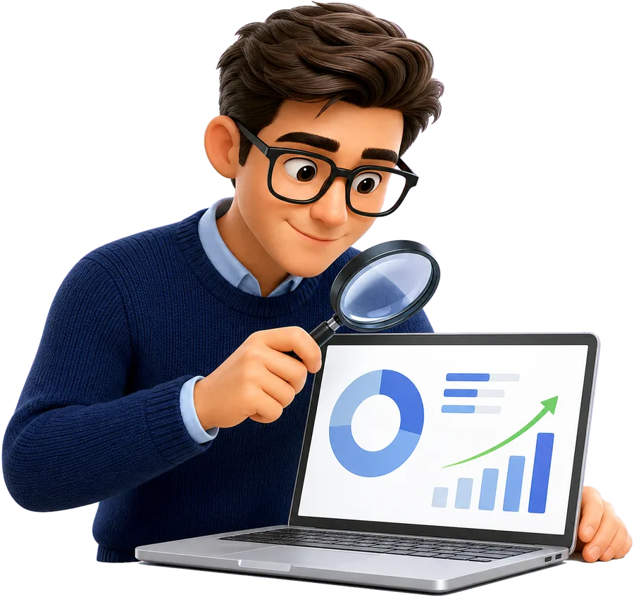 Um especialista em SEO examinando as métricas de um site com uma lupa.