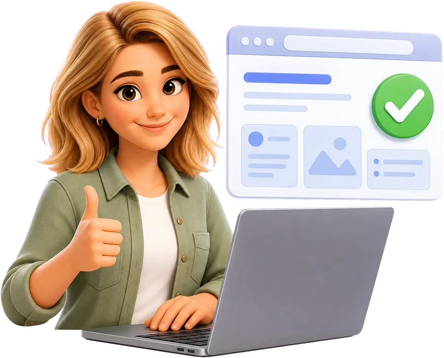 Um dono de site fazendo sinal de positivo enquanto o site conecta com sucesso.