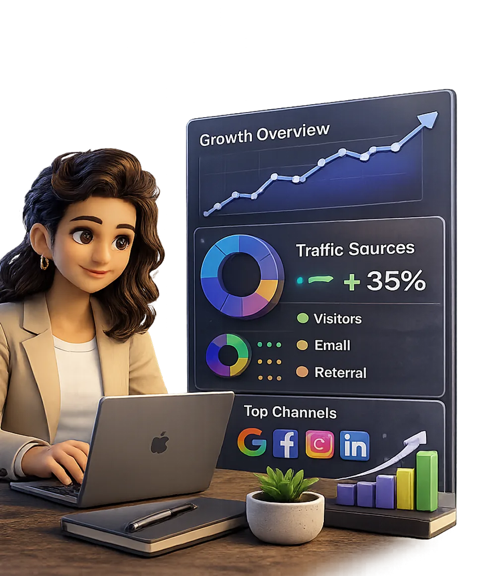 Uma profissional de marketing revisando fontes de tráfego e canais principais de um cliente.